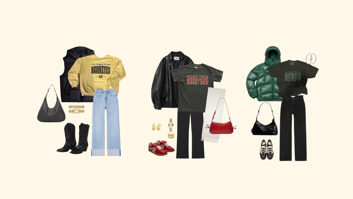 three outfit silhouettes featuring fan apparel and accessories