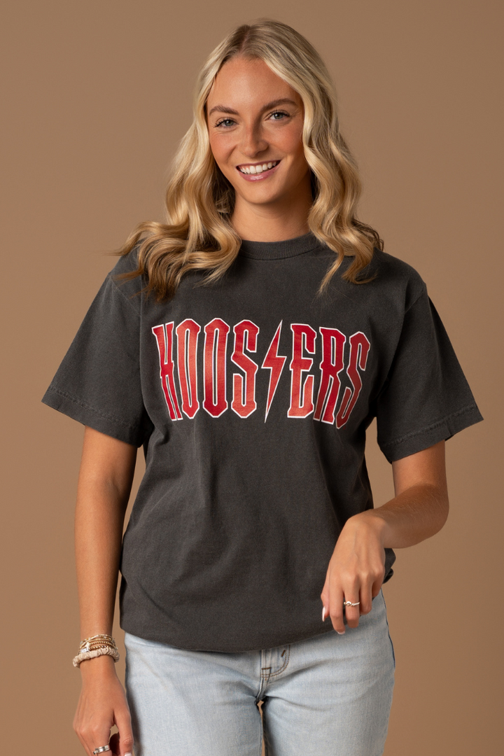 a close up of a girl wearing a faded black Indiana University Hoosiers Vintage Band Tee with crimson and white detail