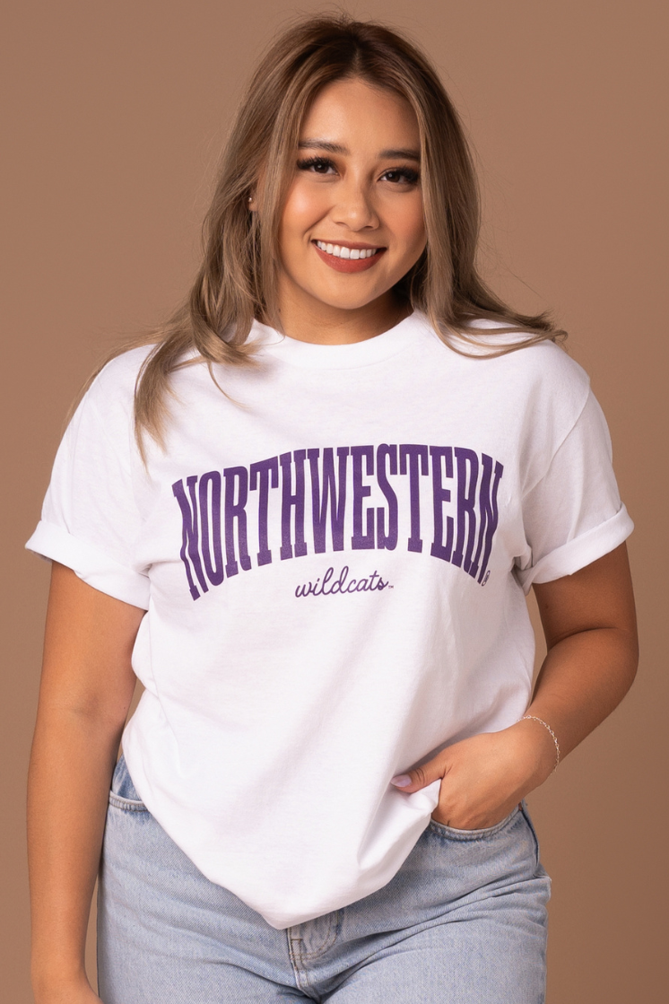 close up picture of a girl wearing a white cotton t-shirt with purple Northwestern Wildcats screenprinted details