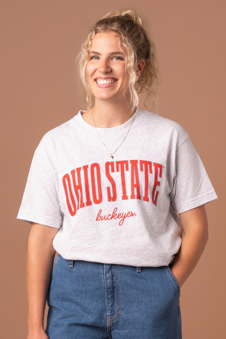 close up of a girl wearing a Ohio State University Buckeyes Classic Cotton T-Shirt with red and gray screenprinted detail