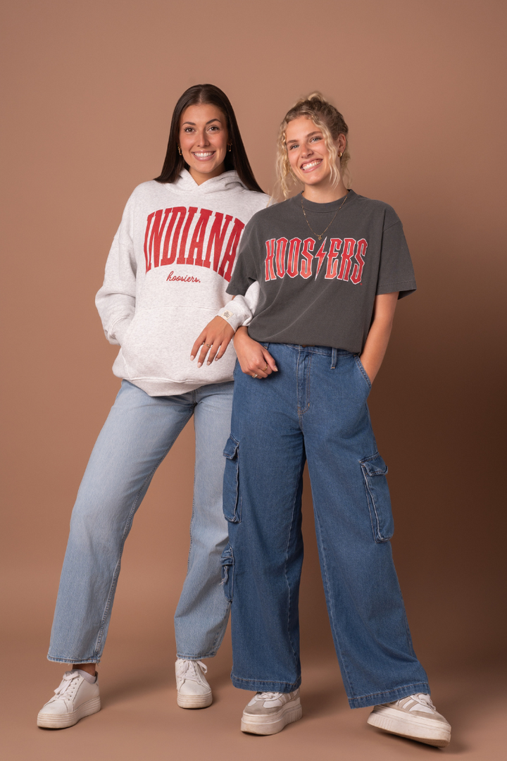 picture of two girls wearing Indiana University hoodie and t-shirt