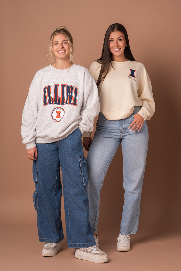university of illinois group photo with vintage ash gray crew neck sweatshirt and illini supersoft embroidered logo cropped crew. two girls posing in trendy game day apparel
