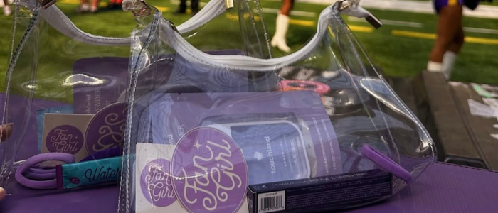 a clear stadium bag filled inside a stadium