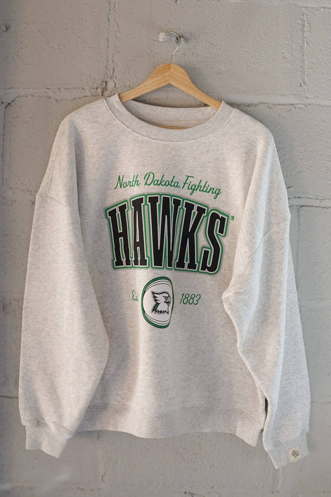 a gray crewneck with Fighting Hawks written out while on a hanger