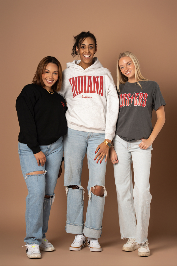 group photo of 3 girls wearing University of Indiana Fan Girl style crew neck, hoodie, and t-shirt