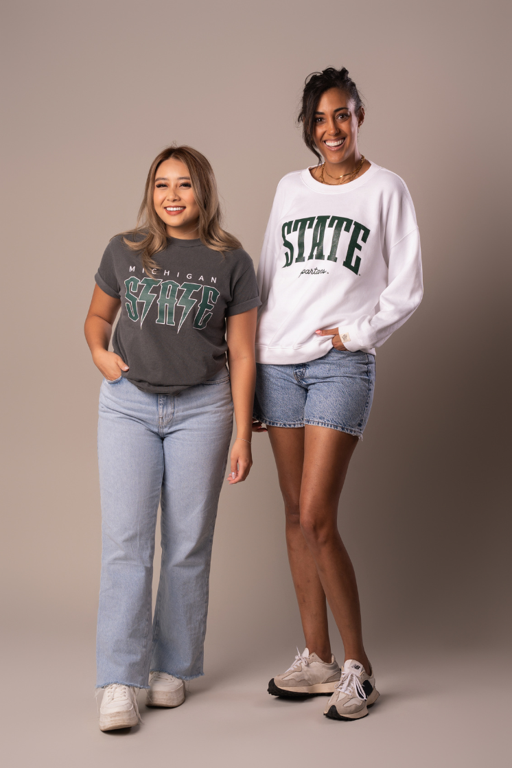 picture of two girls wearing Michigan State Spartans Fan Girl apparel 