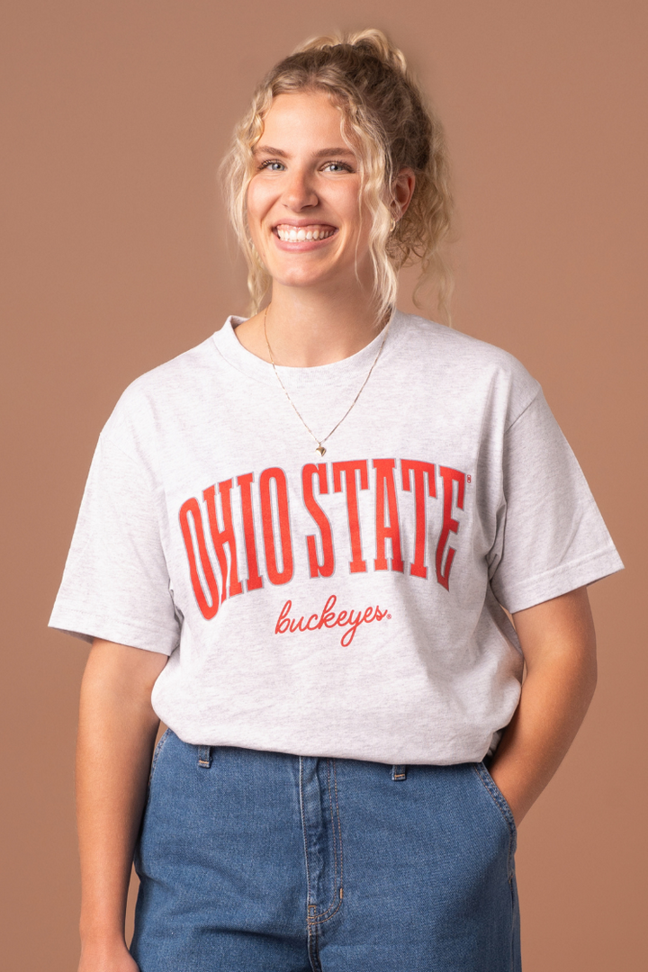 close up of a girl wearing a Ohio State University Buckeyes Classic Cotton T-Shirt with red and gray screenprinted detail 