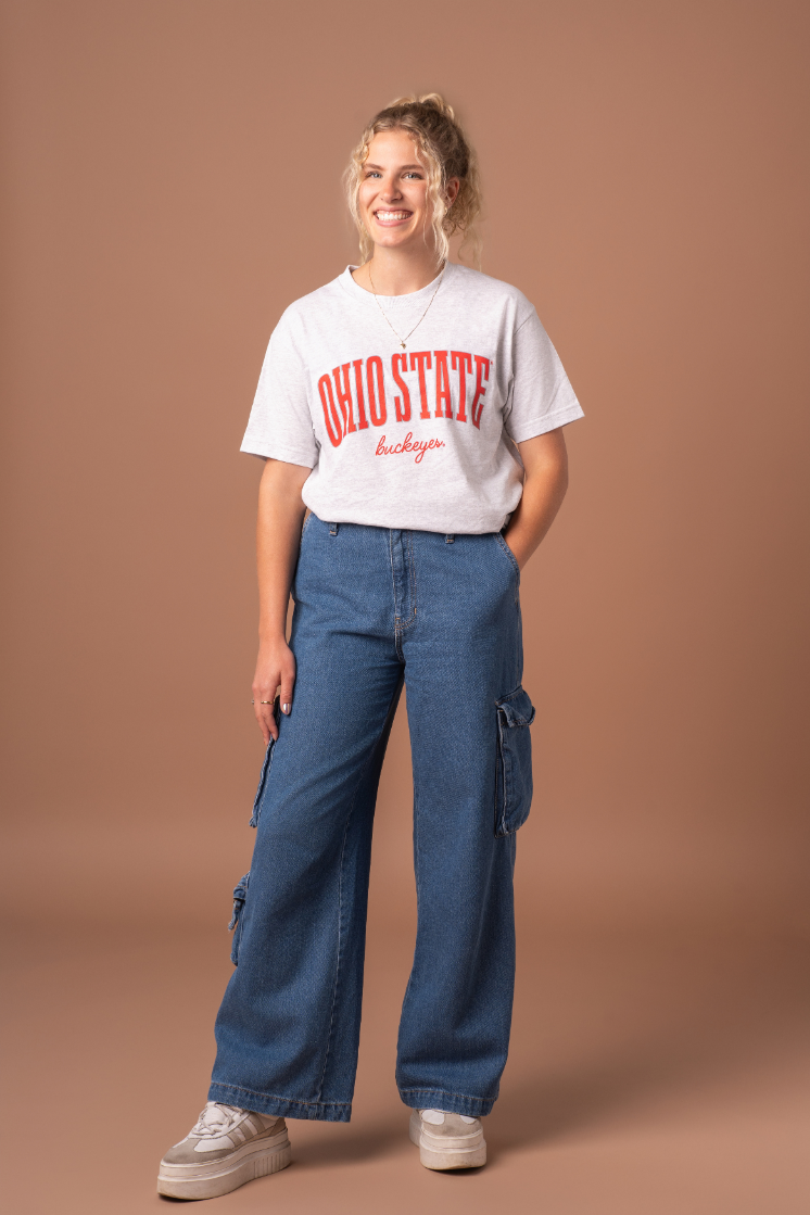 picture of a girl wearing a gray Ohio State University Buckeyes Classic Cotton T-Shirt with red and gray screenprinted detail 