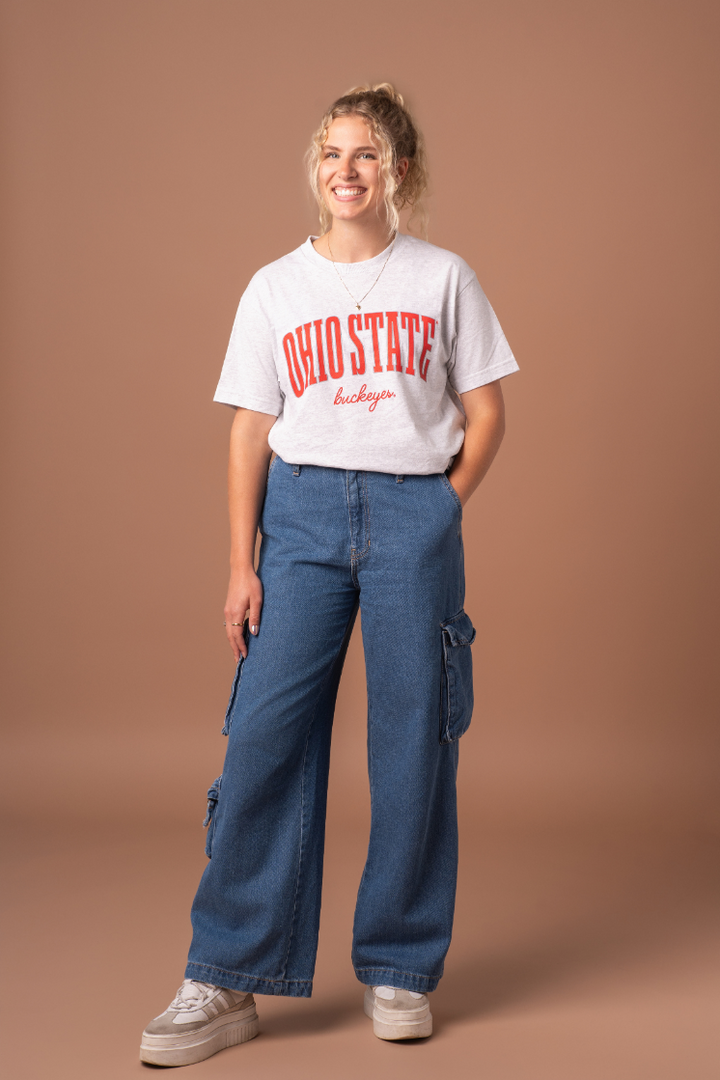 picture of a girl wearing a gray Ohio State University Buckeyes Classic Cotton T-Shirt with red and gray screenprinted detail 