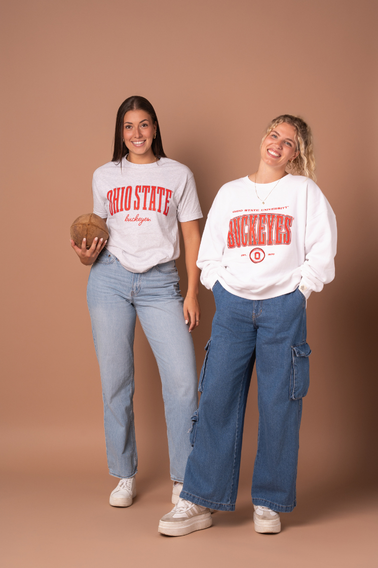 picture of two girls wearing Ohio State University crew neck and sweatshirt