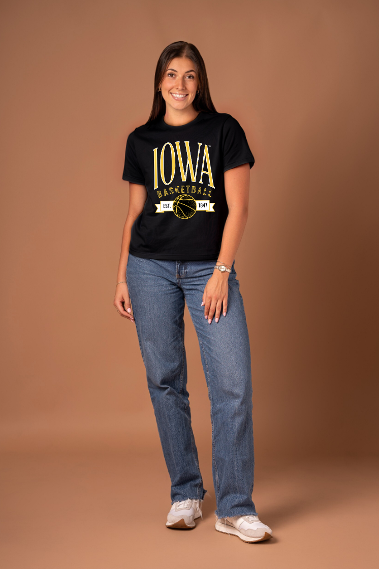 Person wearing a black t-shirt with 'Iowa Basketball' text in yellow and white