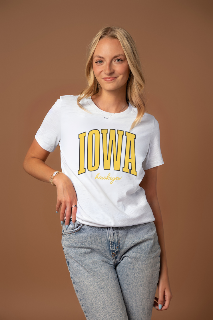 women wearing a white t-shirt with 'Iowa Hawkeyes' text in yellow