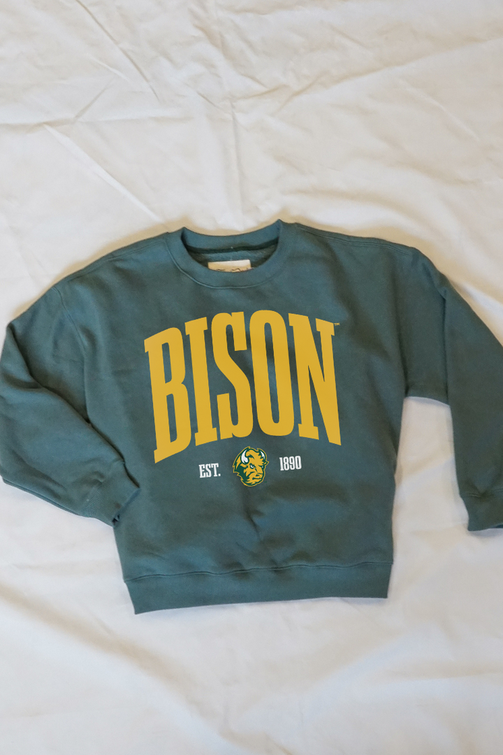 Green crew neck sweatshirt with 'BISON' text in yellow with a Bison logo under it