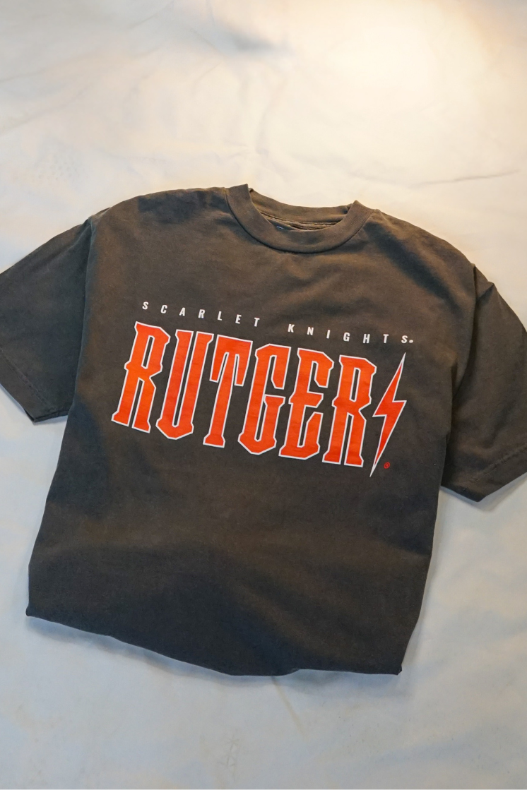 a faded black cotton t-shirt with white and red 'scarlet Knights Rutgers' text