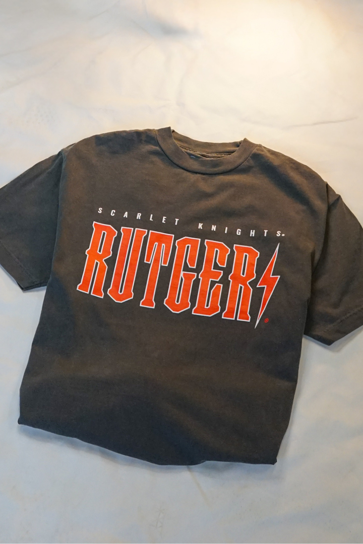 a faded black cotton t-shirt with white and red 'scarlet Knights Rutgers' text