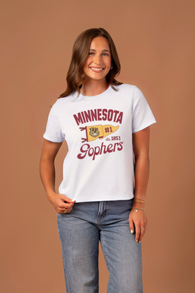close up picture of a girl wearing a white t-shirt with 'Minnesota Gopher' text and a yellow pennant with Goldy on it