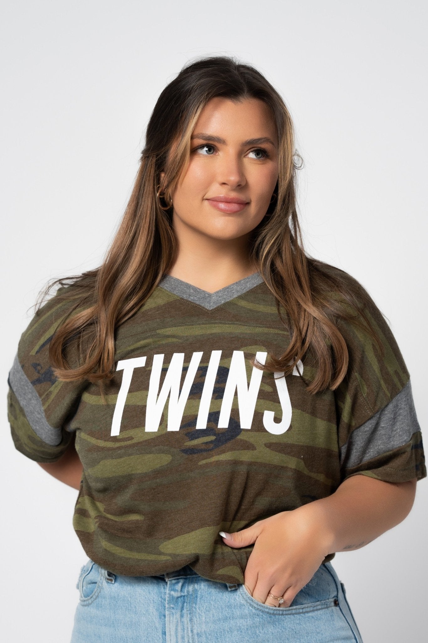 Twins V-Neck Camo Tee - Fan Girl Clothing